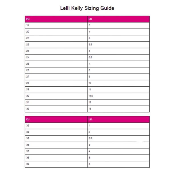 Lelli Kelly Size Guide