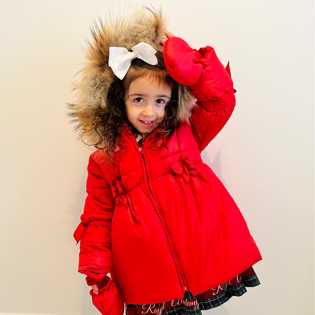 Bufi Girls Red Hooded Coat With Bows