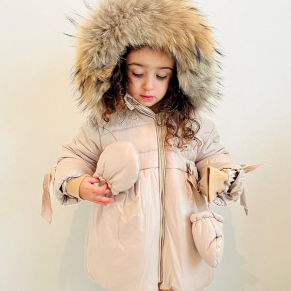Bufi Girls Beige Hooded Coat With Bows