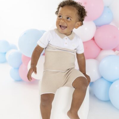 Blues Baby Beige & White Knitted Polo Short Set
