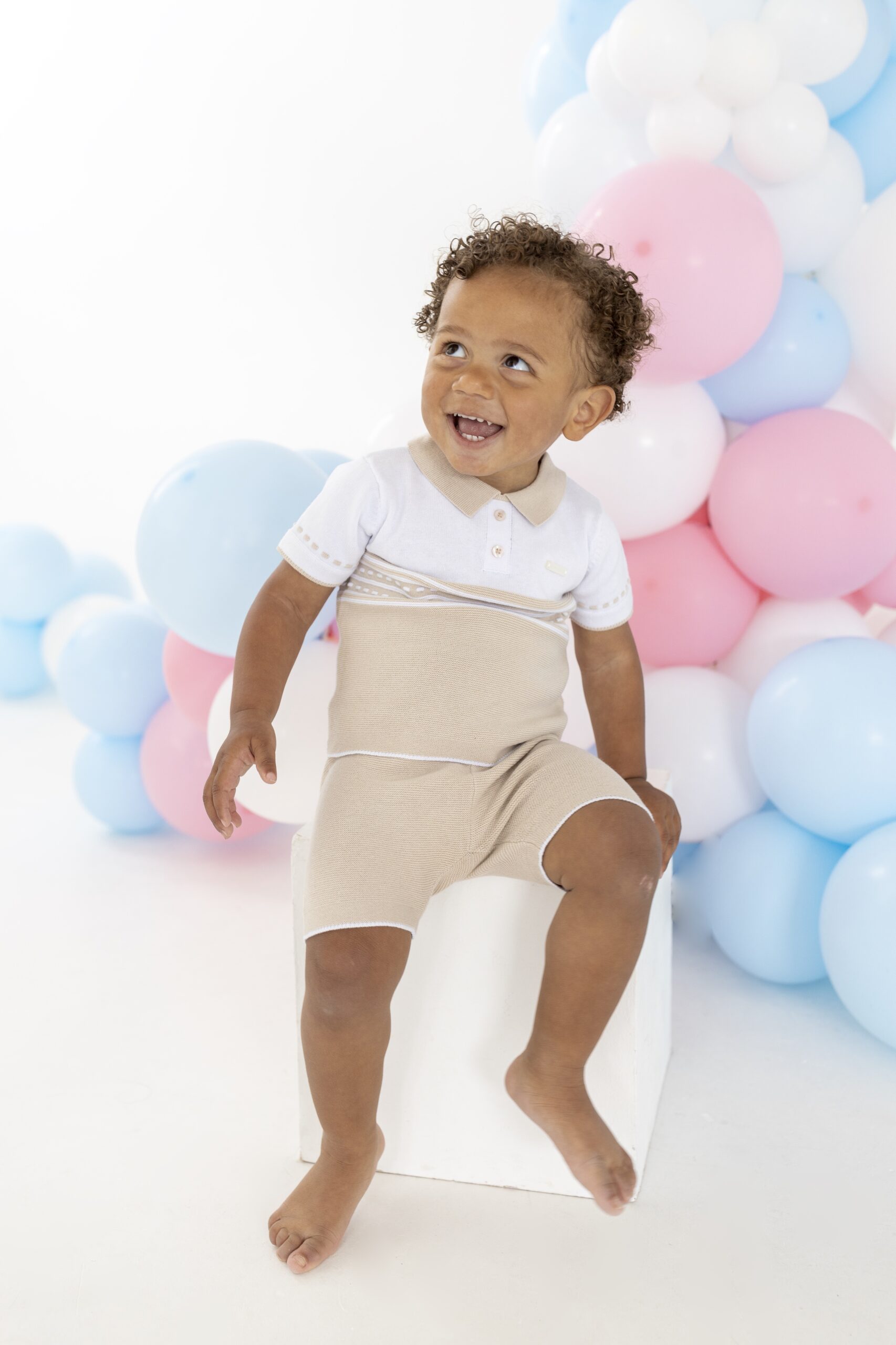 Blues Baby Beige & White Knitted Polo Short Set