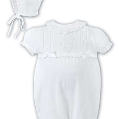 Sarah Louise Knitted Embroidered Romper With Bonnet in White