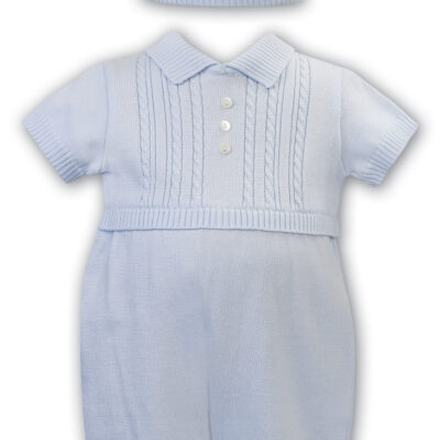 Sarah Louise Knitted Romper With Hat in Baby Blue