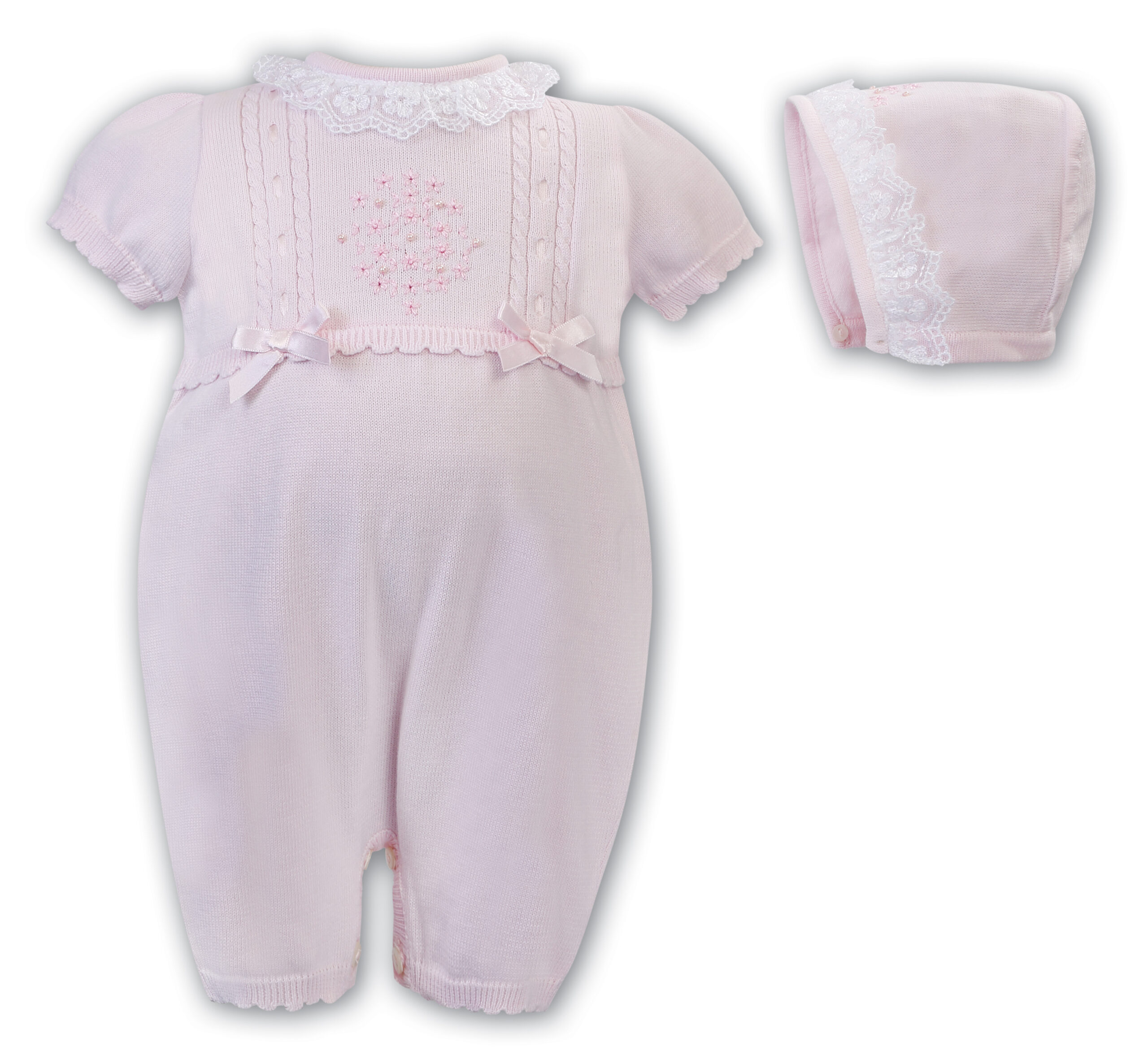 Sarah Louise Rose Embroidered Knitted Romper With Bonnet in Pink