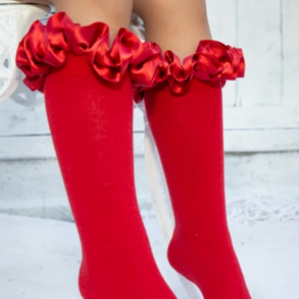 Caramelo Knee High Ruffle Socks in Red